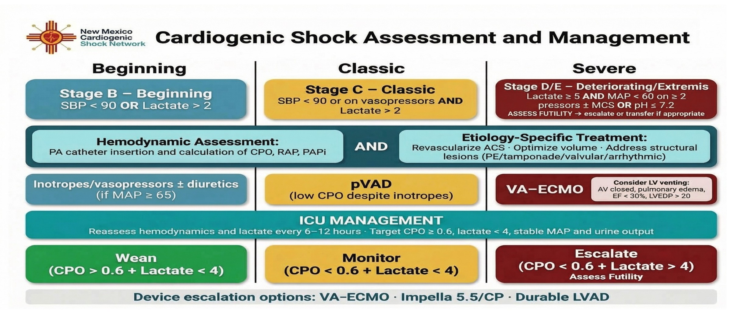 NMCSN Cardiogenic Shock Assessment and Management pathway — stages B, C and D/E with hemodynamic assessment, etiology-specific treatment, device escalation and ICU management.